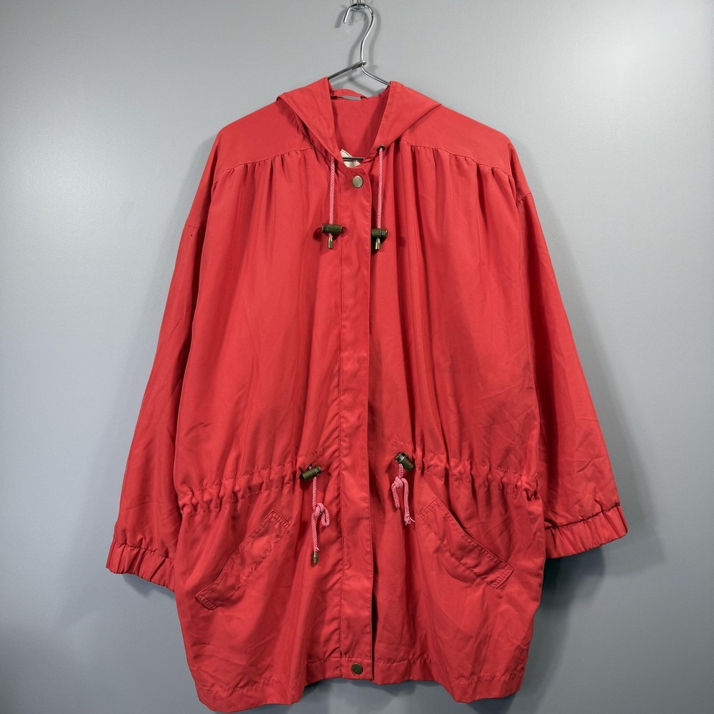 Vintage Burberrys Coat Womens S Red Hooded Anorak Full Zip Drawstring Waist 90s